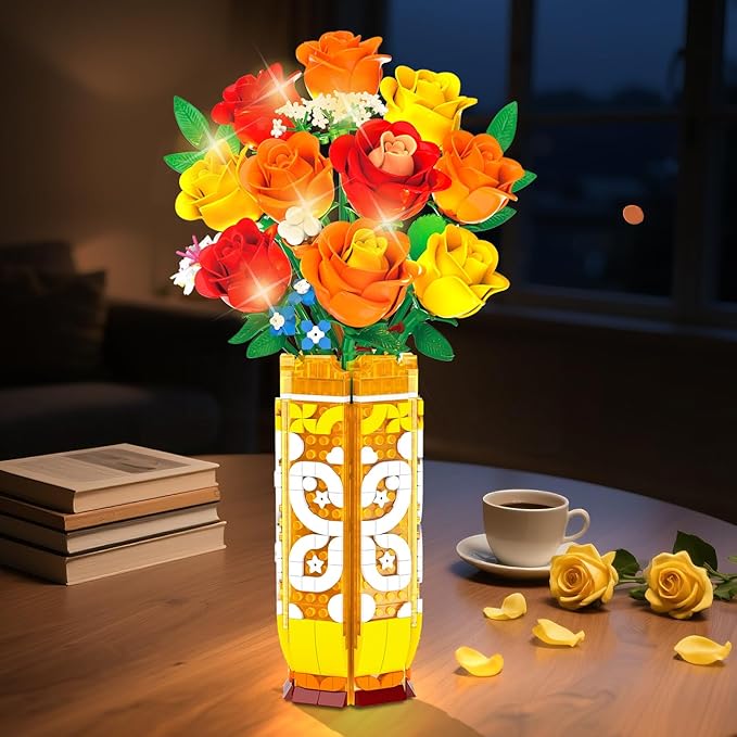 Flower Bouquet Building Set with Vase & LED Light, Yellow, Orange and Red Roses 3.6MM Mini Botanical Building Block Toys, Gifts for Friends, Artificial Flowers for Office Home Decor & Display
