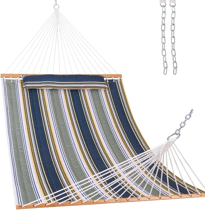 Lazy Daze 12 FT Quilted Fabric Hammock with Spreader Bar, 2-Person Double Hammock for Outside Patio Poolside Backyard Beach, 450 lbs Capacity, Forest