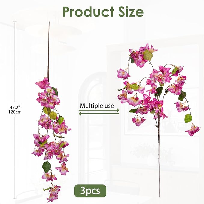 DILATATA Artificial Bougainvillea Branches 47" Long Wisteria Vines Trailing Artificial Flowers for Front Door Porch Planter Urn Patio Balcony Drooping Flowers Purple Bugambilias