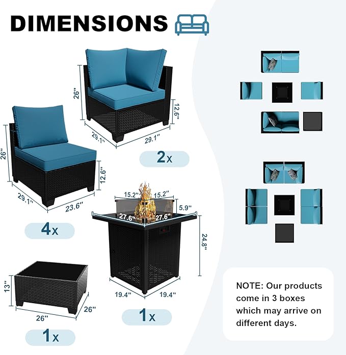Patio Furniture Set with Fire Pit Table 28", 8-Piece Outdoor Furniture Set with Thick Cushions, Outside Wicker Sectional Sofa for Porch Garden Backyard, Coffee/Peacock Blue
