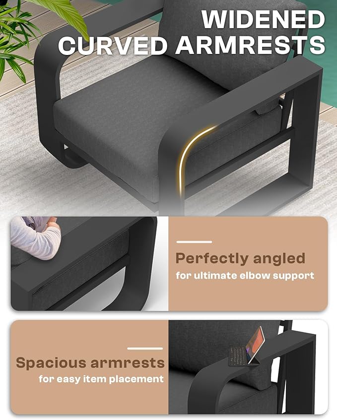 Aluminum Outdoor Patio Furniture Set 4 Piece, Oversized Patio Conversation Sets Widened Armrest & Ultra-Thick Cushions, Deep Seating Modern Sectional Furniture for Backyard, Porch, Graphite