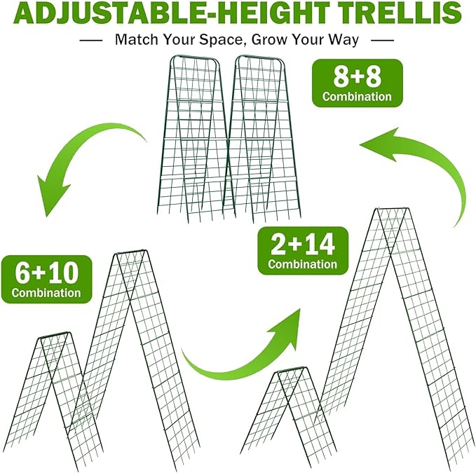 Heavy Duty 50"x17" Adjustable A-Frame Trellis for Climbing Plants – Rust-Proof Metal Garden Trellis with Dense Grid Design, Perfect for Raised Beds, Tomatoes, Cucumbers & Outdoor Vines (Green, 2 Pcs)