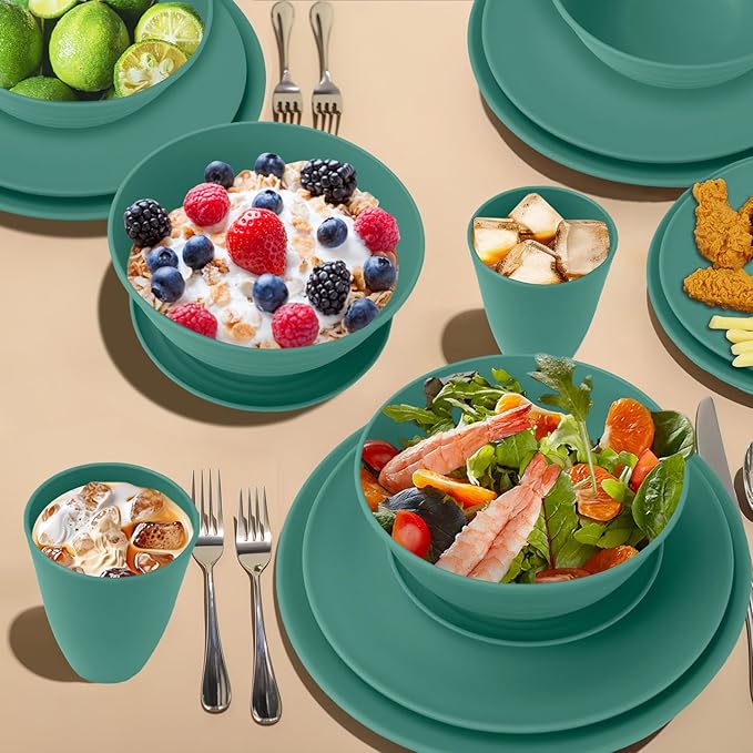 Wrova 40Pack plates and bowls sets for kids - Unbreakable wheat straw dinnerware sets service for 8 - Alternative plastic 40pcs dish sets for kitchen, camping and indoors dinning - (Green)