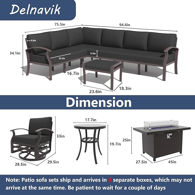 Kurapika Patio Furniture Set 10-Piece Aluminum Sectional Sofa with Armrest, Modern Outdoor Conversation Set w/55000 BTU Propane Fire Pit Table, Metal Corner Sofa with Ottoman, Black