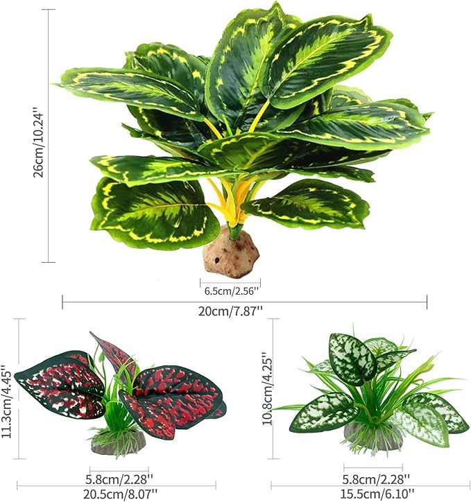 Reptile Artificial Plants, Terrarium Plants Decorations Supplies, Aquarium Fish Tank Plant, Amphibian Habitat Hideout Tank Accessories(L Set-3pcs/C)