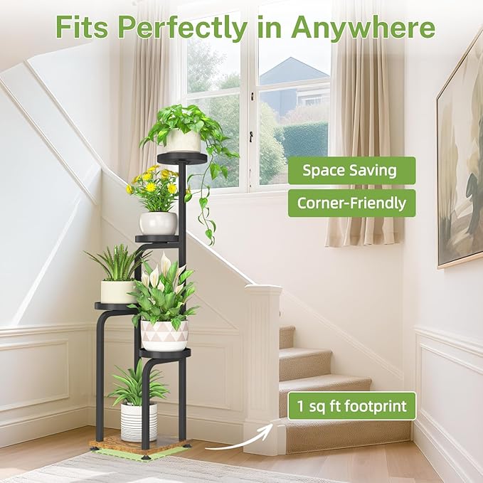 iDavosic.ly Tall Plant Stand Indoor, 4 Tier Corner Multiple Flower Holder Shelf with Metal Trays, Space Saving Display Rack for Living Room Balcony Patio Porch Outdoor | Black & Brown