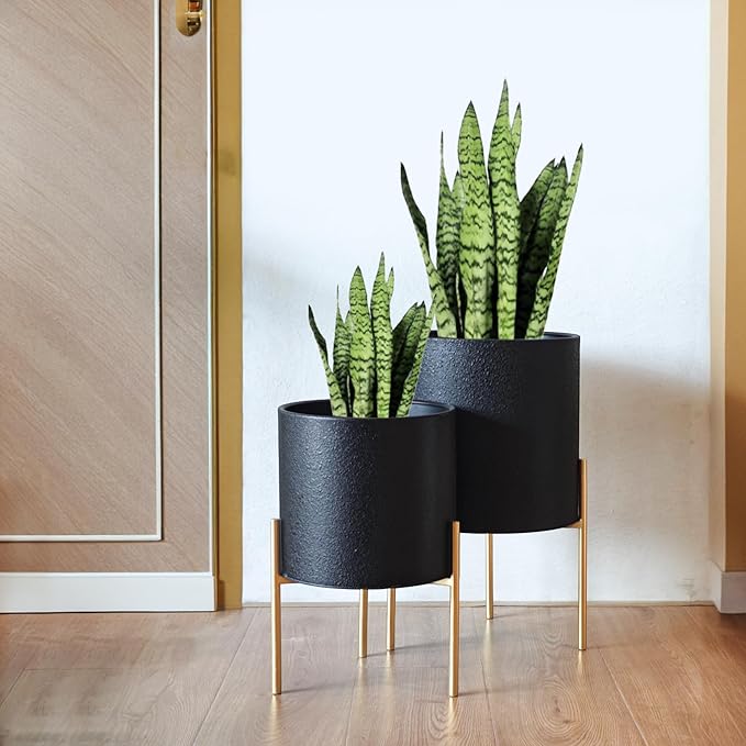 ARNIS Modern Planter Pots, Large Planters with Stand, Set of 2 Metal Planters for Plants with Drainage Holes for Living Room, Office, Garden or Balcony, 10.5 &12.25 Inch, Black