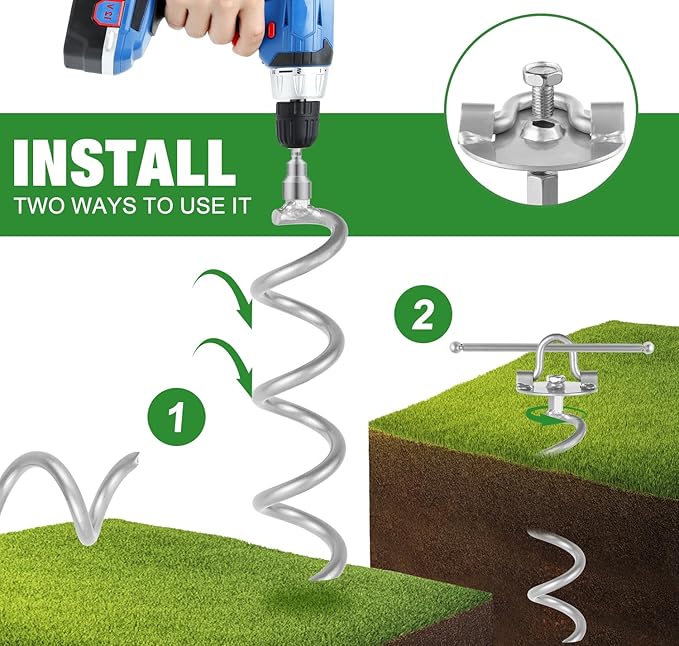 MIXXIDEA Gound Anchors Screw in, Metal Spiral Earth Anchors Kit, Heavy Duty Folding Ring Spiral Stake with Straps, Ground Stakes for Tent (Silver, 11.4 Inch with 92in Strap)