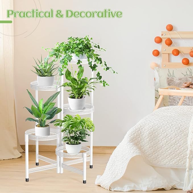 iDavosic.ly Plant Stand Indoor Outdoor, 5 Tier Corner Metal Flower Display Holder Shelf, Folding Tall Orchid Rack for Patio Balcony Porch Garden Living Room House, Wrought Iron - White