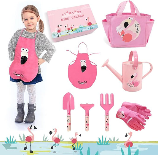 Kids Garden Tools, Yard Tools Kit for Garden, Beach, Outdoor Play, Include Shovel, Rake, Fork, Kids Apron, Tote Bag, Garden Gloves and Watering Can, Educational Garden Toys Gifts for Girls