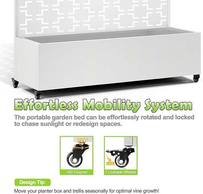 15.7"×70.9"×47.2" Metal Raised Garden Bed with Trellis and Wheels - Tall Trellis Planter Box for Climbing Plants, Vegetables & Vines - Outdoor Privacy Planters for Patio (White-Square)