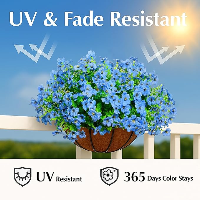 Artificial Flowers for Outdoors, 12 Bundles Outdoor Faux Plants,Uv Resistant Artificial Fake Flowers Plants, Realistic Spring Decor for Porch, Patio, Yard (Blue)