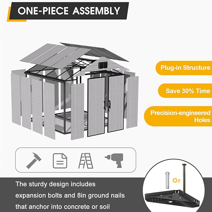8 x 8 FT Resin Storage Shed, All-Weather Outdoor Tool Shed with Windows, Lockable Doors & Floor, Plastic Garden Shed for Poolside, Backyard, Patio