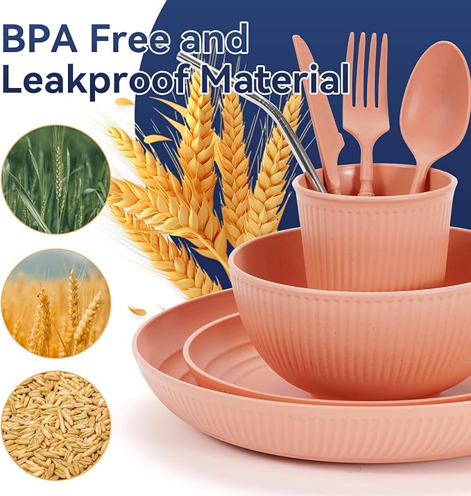 Wheat Straw Dinnerware Sets,48-Piece Plates and Bowls Sets for 6-Unbreakable,Reusable Plastic Dish Set-Dinner Plate/Dessert Plate/Cereal Bowl/Cup/Utensils-Microwavable Dishwasher Safe 48P-Light Gray