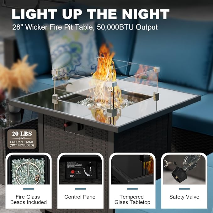 Patio Furniture Set with Fire Pit Table, 8-Piece Outdoor Furniture Set with Thick Cushions, Wicker Sectional Sofa for Porch Garden Backyard, Brown/Peacock Blue