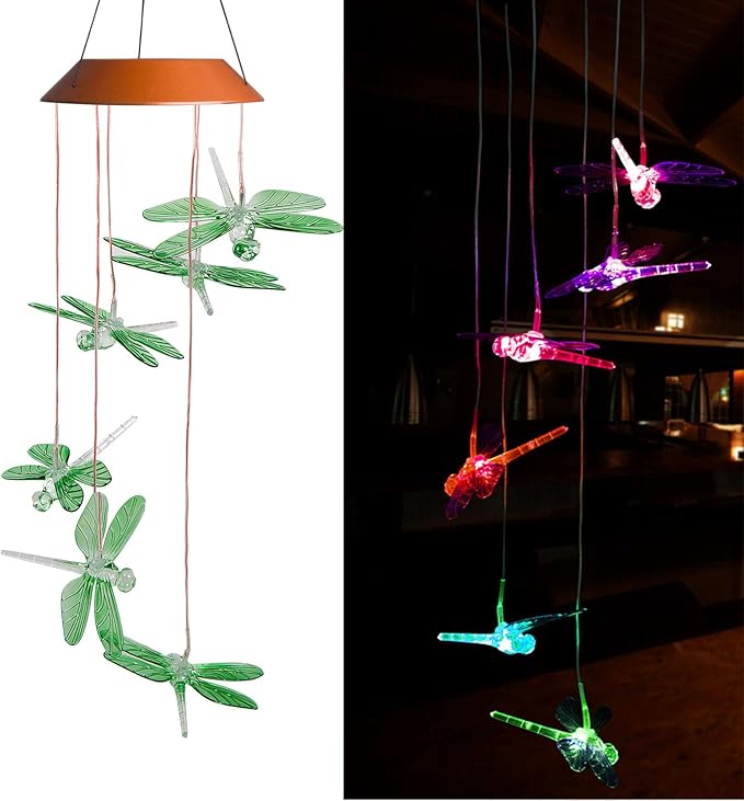 LED Solar Dragonfly Wind Chimes Outdoor - Waterproof Solar Powered LED Changing Light Color Six Dragonflies Mobile Romantic Wind-Bell for Home, Party, Festival Decor, Night Garden Decoration