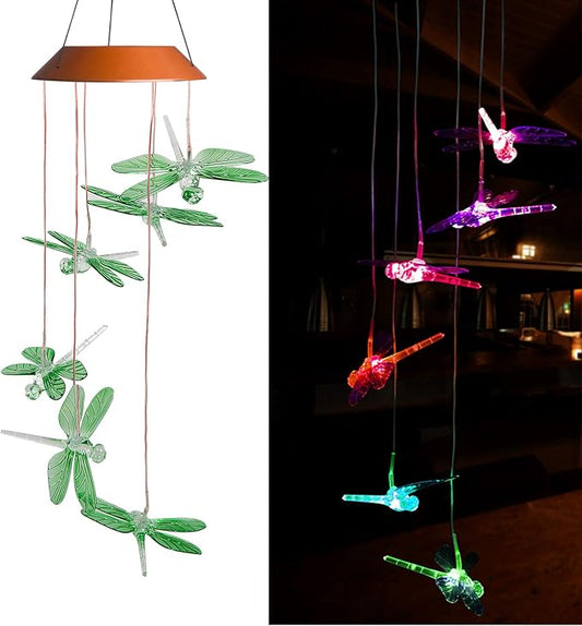 LED Solar Dragonfly Wind Chimes Outdoor - Waterproof Solar Powered LED Changing Light Color Six Dragonflies Mobile Romantic Wind-Bell for Home, Party, Festival Decor, Night Garden Decoration
