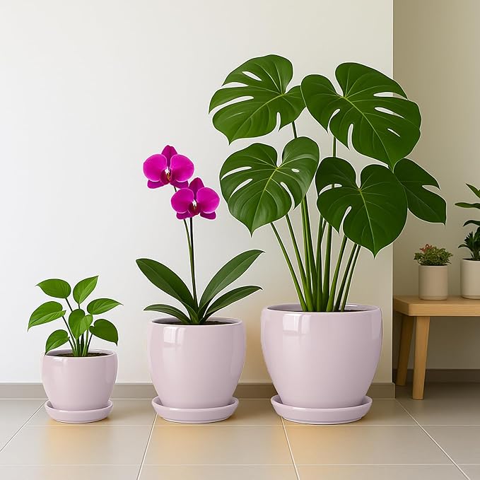 Deep Dream 8 Inch Plant Pots- Ceramic Pots for Plants with Drainage Hole and Saucer, Large Planter Pot for Indoor Plants Outdoor Decor, Pink