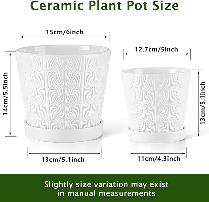 EFISPSS Ceramic Plant Pots, 5+6 Inch Pots for Indoor Plants, Planters with Drainage Holes and Tray, Modern Flower Pots Gardening Home Desktop Office Windowsill Decoration Gift Set of 2 - White