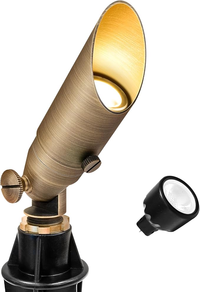 GKOLED Low Voltage Solid Brass LED Spotlight with MR8 Bulb, Outdoor Waterproof Landscape Lighting, Adjustable Uplights with Stake for House Garden Trees Lawn Patio Yard Fence, 3W 12V 180LM 2700K