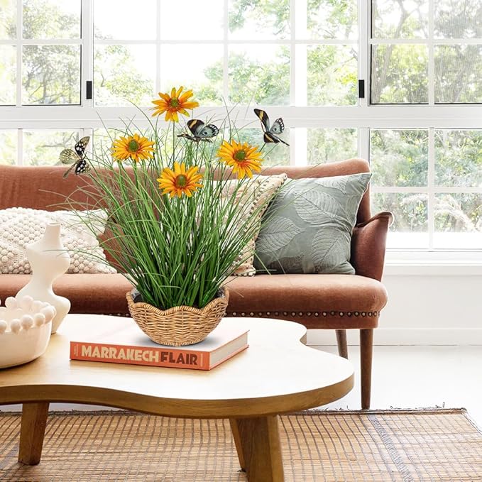 Artificial Plants Indoor with Pot, 17.3" Fake Potted Plants Artificial Onion Grass Plant with Yellow Daisies Flowers and Butterflies Small Faux Plant Indoor for Home Living Room Table Shelf Decor