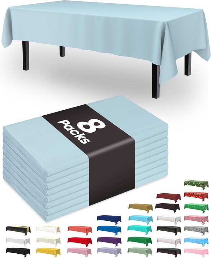 Pureegg Plastic Table Cloth Disposable 8 Pack, 54 x 108 Inch Table Cloths, Easter Party, Picnic, Wedding, Decorative Tablecloths, Rectangle, Baby Blue Plastic Cover, Leakproof & Sturdy, Light Blue