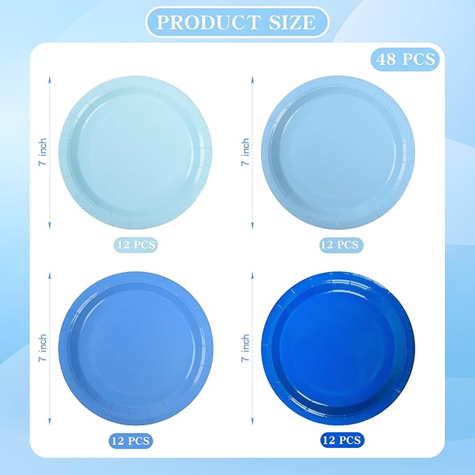 Blue Gradient Blue Party Plates 7'Disposable Round Dessert Plates for Birthday Wedding Bridal Engagement Baby Shower Party Supplies 48