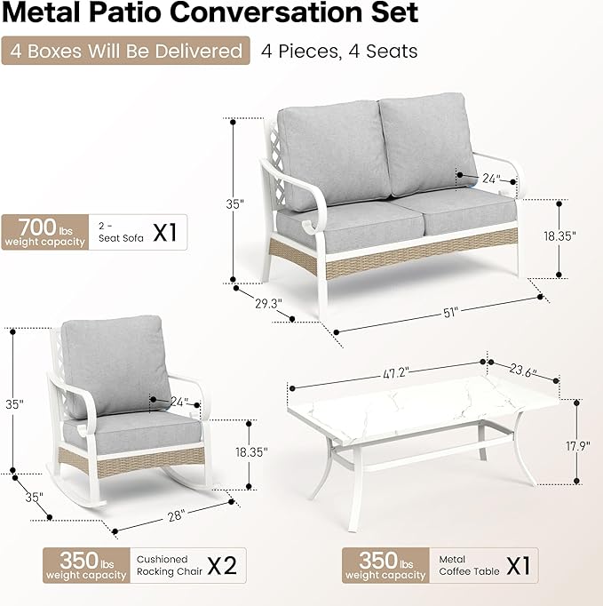 4 Piece Metal Outdoor Patio Furniture Set, Patio Conversation Sets 1 2-Seater Sofa, 2 Single Sofa with 5.75" Extra Thick Cushion and Coffee Table, White Frame Backyard Furniture, Gray