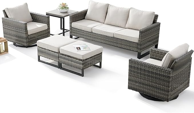 6 Pieces Patio Furniture Set-All Weather Outdoor Swivel Rocker Patio Chairs with Deep Seat Sofa Ottomans and Glass Side Table, Outdoor Conversation Sets for Garden Backyard Deck(Grey/Beige)
