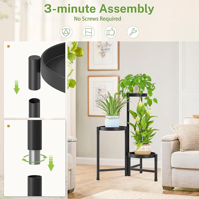 iDavosic.ly Plant Stand Indoor Outdoor, 3 Tier Corner Metal Flower Display Holder Shelf, Folding Tall Orchid Rack for Patio Balcony Porch Garden Living Room House, Black