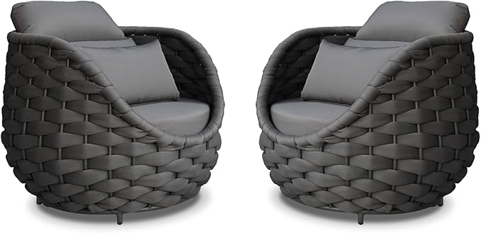 2 Pcs Patio Rope Accent Chair: Aluminum Single Lounge Armchair - Large Woven Chair Cushioned - Modern Arm Chair Assembled for 400lbs Outdoor Lanai Deck Balcony Porch Yard Garden Hotel, Dark Gray