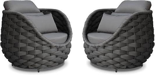 2 Pcs Patio Rope Accent Chair: Aluminum Single Lounge Armchair - Large Woven Chair Cushioned - Modern Arm Chair Assembled for 400lbs Outdoor Lanai Deck Balcony Porch Yard Garden Hotel, Dark Gray