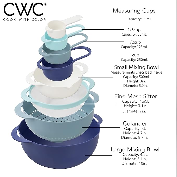 COOK WITH COLOR 8Pc Nesting Bowl Set, Teal - Includes 2 Mixing Bowls, Colander, Sifter, 4 Measuring Cups, Polypropylene, Dishwasher Safe, BPA Free