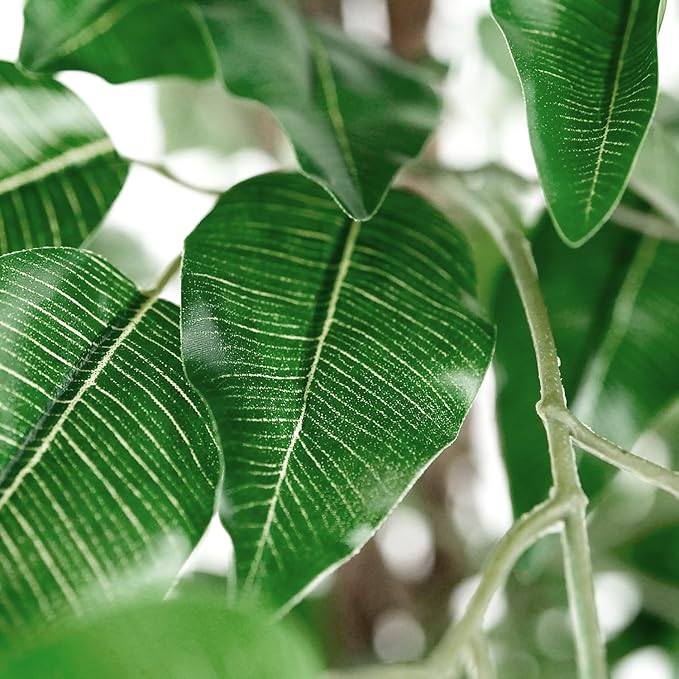 Artificial Tree in Black and Brown Striped Planter, Fake Ficus Silk Tree for Indoor and Outdoor Home Decoration - 75" Overall Tall (Plant Pot Plus Tree)
