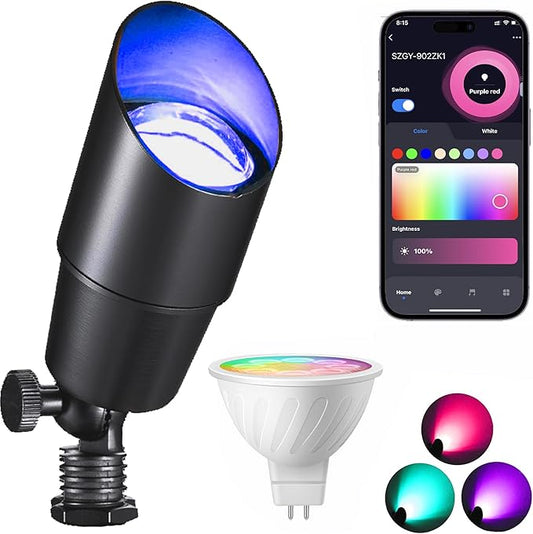 RGB+CCT Color Changing Ourdoor Landscape Lighting,12V Low Voltage Landscape Lights Remote Control with MR16 Light Bulbs 5W 2700K,Warm&Cold Uplights,IP65 Waterproof Uplights (1 Pack)