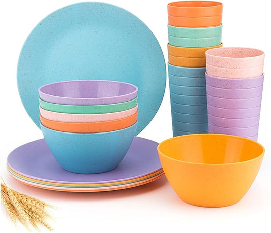 Wheat Straw Dinnerware Unbreakable Wheat Straw Tumblers, Bowls & Plates Dinnerware Set | Set of 18 in 6 Assorted Color | Dishwasher safe, BPA Free