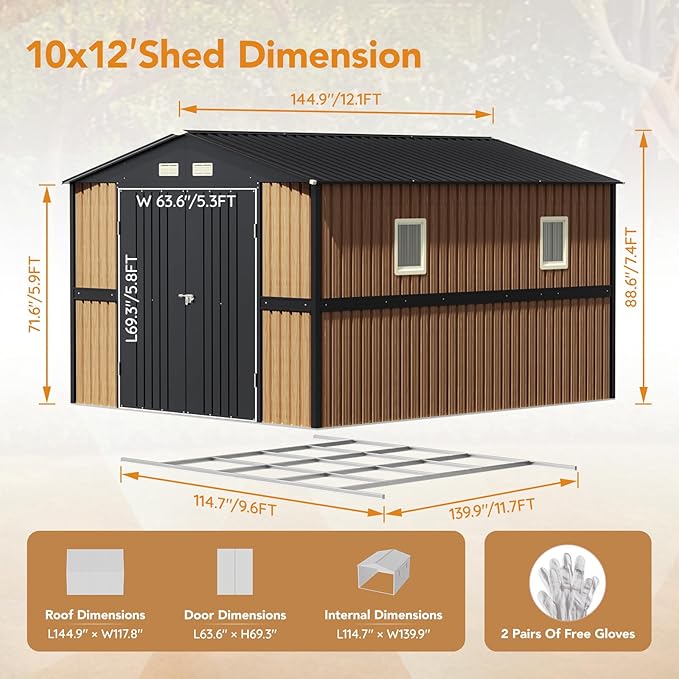 10X12 FT Outdoor Steel Storage Shed with Lockable Doors, 2 Windows, Garden Shed Ideal for Backyard, Patio Storage,Chicken Coop(Wood Panels & Frame Floor Not Included)