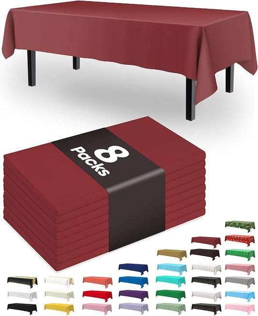 Pureegg Plastic Table Cloth Disposable 8 Pack, 54 x 108 Inch Table Cloths, Party, Thanksgiving Decorations, Harvest, Fall Tablecloths, Rectangle, Maroon Plastic Cover, Leakproof & Sturdy, Burgundy