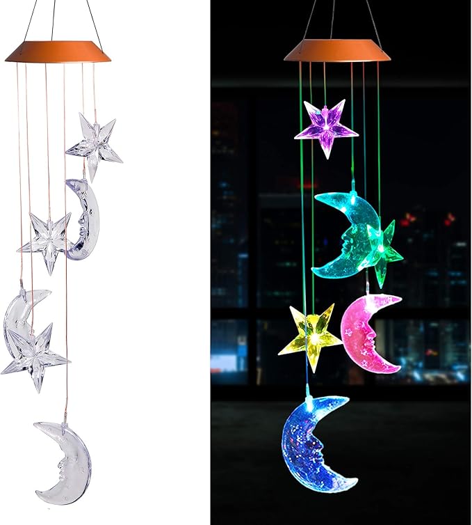 LED Solar Moon and Star Wind Chimes Outdoor - Waterproof Solar Mobile Romantic Changing Color Stars and Moon Wind Chimes Light Decor for Home, Gifts For Mom, Balcony, Festival, Night Garden Decoration