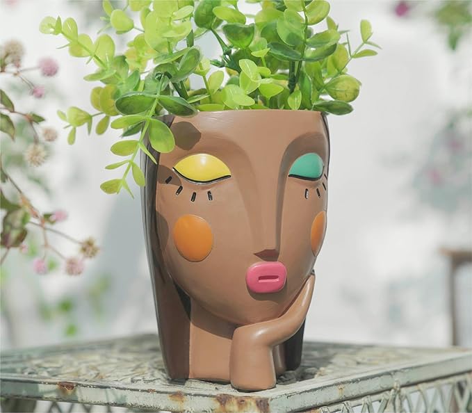 Face Planter Pots for Indoor Plants, Resin Head Planter Succulent Planter Flower Planter Cute Girl Head Pots with Drainage Hole - Painted Thinking Girl Closed Eyes
