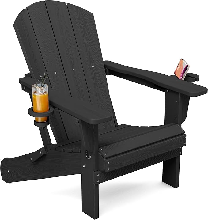SERWALL Folding Adirondack Chair, Dual Cup Holders & All-Weather HDPE, Wood-Like Patio Chair for Backyard, Camping，Pool & Fire Pit- Black