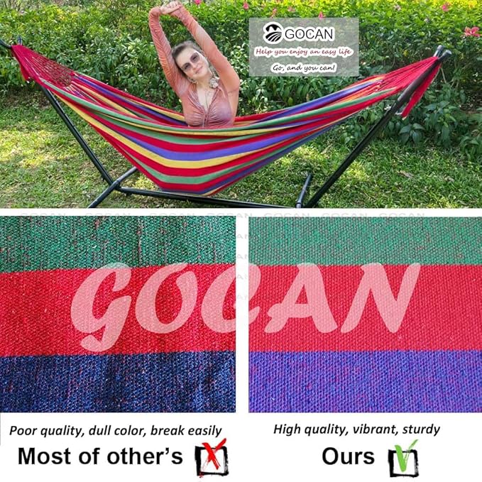 Brazilian Double Hammock 2 Person Extra Large 220x160cm Total Length 330cm Load 500lb Canvas Cotton Hammock for Patio Porch Garden Backyard Lounging Outdoor and Indoor(Rainbow) XXL