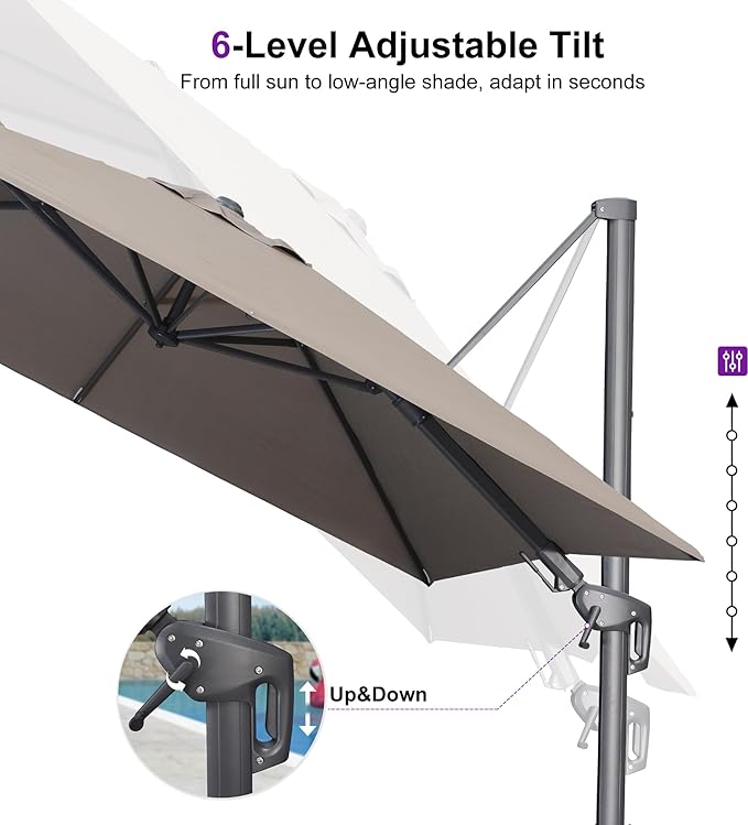 PURPLE LEAF 8' X 10' Swivel Outdoor Patio Aluminum Umbrella with Base Left-right Tilting Cantilever Offset Umbrella with UV Resistant Heavy Duty Fabric for Deck Pool Patio Backyard, Ash Mocha