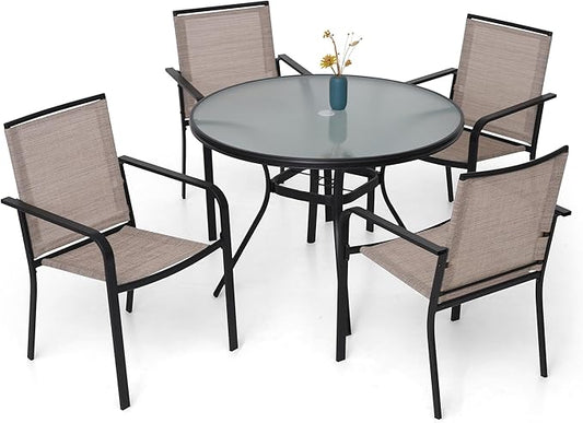 5-Piece Outdoor Patio Dining Set, 40-Inch Round Glass Table with 4 Stackable Chairs, Beige Grey