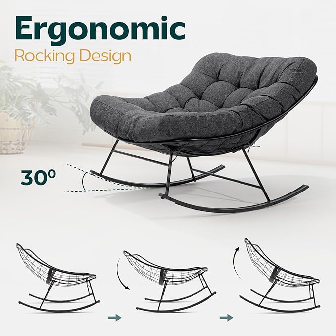Bme Patio Rocking Chair Outdoor & Indoor, Metal Patio Lounge Rocking Chair with Thick Cushion, Comfy Modern Rocker Chair for Living Room, Porch, Backyard, Grey Cushion - Black Matte Rocker