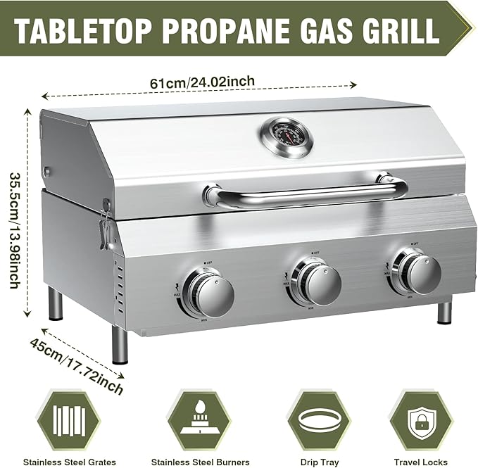 Bestfire 3-Burner Tabletop Gas Grill, 30,000 BTU Portable Propane Grill with Heavy-Duty Thickened Grates & Stainless Steel Knobs, Compact Design&Detachable Legs for Camping, RV, Backyard BBQ