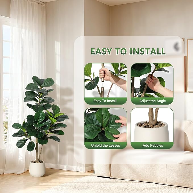 4FT Fiddle Leaf Fig Tree Artificial with 48 Leaves - Realistic Faux Ficus Lyrata Trees in 7.8" White Planter Pot, Indoor Fake Floor Plants for Home Office Living Room Decor, Housewarming Gift