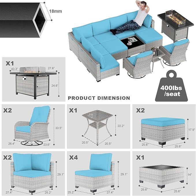 13-Piece Patio Furniture Set, Outdoor Patio Furniture with Swivel Chairs Set, Ottomans, 55,000 BTU Fire Pit Table, Modular Patio Sofa, Dual-Strand Wicker Rattan, Rust-Resistant Frame, Lake Blue