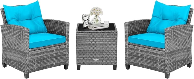 HAPPYGRILL 3 Pieces Patio Conversation Set, Outdoor Furniture Set PE Rattan Sofa Set with Removable Cushions, PE Wicker Chairs with Tempered Glass Side Table for Porch Lawn Garden Balcony Backyard