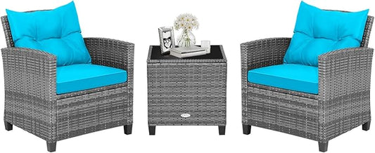 HAPPYGRILL 3 Pieces Patio Conversation Set, Outdoor Furniture Set PE Rattan Sofa Set with Removable Cushions, PE Wicker Chairs with Tempered Glass Side Table for Porch Lawn Garden Balcony Backyard